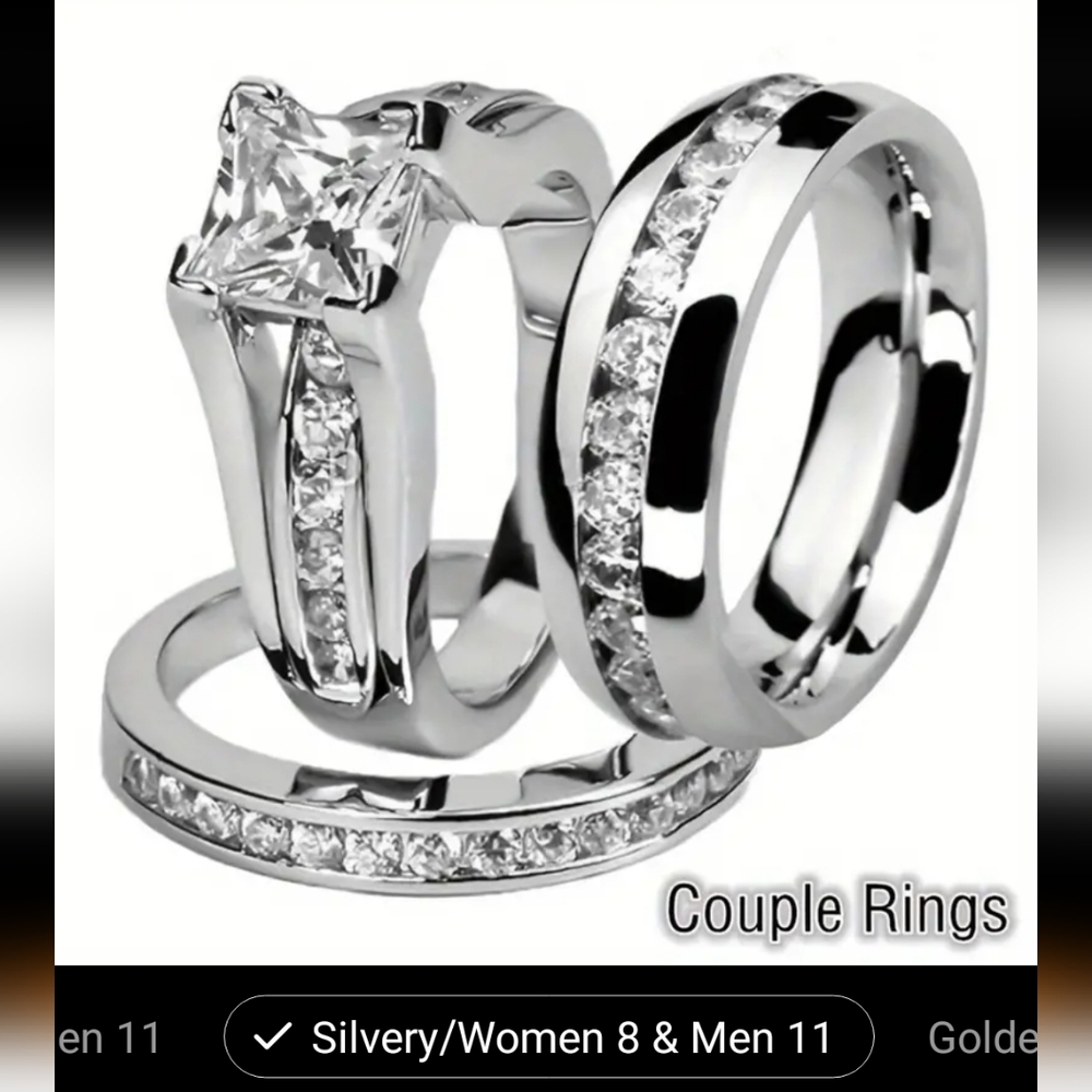 New COUPLES ANNIVERSARY WEDDING CZ BAND RING SET GENUINE STAINLESS STEEL 8 & 11